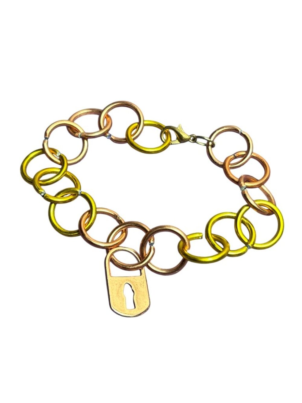 Goldtone and Pink Circle Link Chain Bracelet Lock Charm Lobster Clasp 6.75 inch